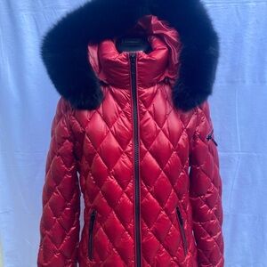 Diane Von Furstenberg Red and Black Puffer Jacket with Fur Trim